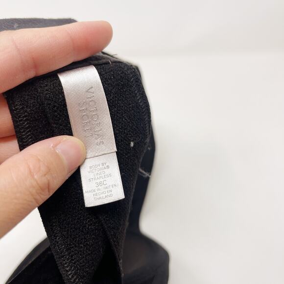 Victorias Secret 36C Black Body by Victoria Lined Strapless Bra Lace Illusion - Picture 6 of 8